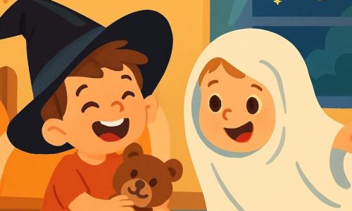 A 4-year-old boy, Tommy, with messy brown hair and sparkling eyes, wears a large black witch hat that slips over his forehead. He laughs while holding his teddy bear, Mr. Cuddles, who has a sweet smile and bright eyes. Next to him, a 4-year-old girl, Mia, is dressed as a friendly ghost, with a flowing white sheet and mischievous round eyes. She has a big smile and leans forward, ready to play. The scene takes place in a cozy room decorated with pumpkin garlands and sparkling cobwebs. Moonlight streams through the window, casting dancing shadows on the walls. Tommy and Mia are having fun trying on the large witch hat, bursting into laughter as it falls over their eyes. The atmosphere is joyful and festive, filled with laughter and sweetness, with colorful candies scattered around them.