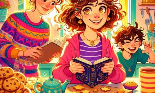A 12-year-old girl with curly brown hair and sparkling curious eyes stands in a sunny kitchen surrounded by star-shaped cookies. She has a mischievous smile and an excited expression on her face, holding a brightly colored book titled "The Useful Grimoire." Next to her, a woman in her thirties with her hair in a bun and a colorful sweater looks on tenderly, holding a steaming cup of tea. In the corner, a 12-year-old boy with tousled hair and a mischievous look approaches with a challenging expression, ready to make a joke. The kitchen is bright, with yellow walls and open windows letting in a light breeze, filled with the smell of freshly baked cookies. On the table, scattered ingredients and cooking utensils add a joyful touch of chaos. The main scene shows the enthusiastic girl ready to share her magical discoveries with her friends, while the boy prepares to joke, creating an atmosphere of camaraderie and magic.
