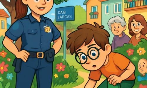 Uma policial, a inspetora Clara, está em pé com um sorriso determinado no rosto. Ela usa um uniforme azul-marinho, com um cinto de ferramentas e um distintivo brilhante. Seus cabelos castanhos estão presos em um rabo de cavalo, e seus olhos brilham de entusiasmo. Ao seu lado, um garoto de 12 anos, Lucas, com cabelos castanhos bagunçados e óculos redondos, observa atentamente uma impressão de sapato no chão, inclinado para frente com uma expressão de curiosidade. A cena acontece em um jardim verdejante da Rua das Acácias, cercado por casas coloridas com varandas floridas. Flores multicoloridas bordam o caminho, e uma árvore majestosa projeta uma sombra suave no chão. Clara e Lucas examinam a impressão de sapato, cercados por alguns vizinhos curiosos que os observam com interesse. A atmosfera é animada, cheia de excitação e mistério, enquanto tentam resolver o mistério da bicicleta desaparecida.