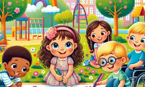 Una niña de 4 años, con grandes ojos brillantes y cabello rizado castaño, sonríe alegremente mientras sostiene lápices de colores. Lleva un vestido colorido con flores y está sentada en un césped verde, rodeada de sus amigos. A su lado, un niño de 5 años, Lucas, está en silla de ruedas. Tiene el cabello corto y lleva una camiseta azul. Lucas sonríe al mirar a Sofía, listo para ayudarla a dibujar. Un poco más lejos, Ana, una niña de 6 años con gafas y cabello trenzado, usa muletas para moverse. Está pintando una gran pared con colores vivos, añadiendo flores y soles al mural colectivo. El lugar es un parque soleado, lleno de árboles verdes y flores coloridas. Hay juegos para niños al fondo y un cielo azul claro con algunas nubes blancas. La situación principal muestra a Sofía y sus amigos colaborando alegremente para crear un gran mural colorido, cada uno aportando su toque personal, ilustrando el espíritu de ayuda y amistad a pesar de sus diferencias.