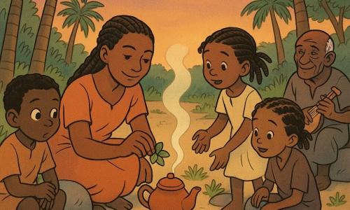 Amina, mulher de 25–30 anos de pele morena, cabelos trançados e rosto sereno, está agachada junto a um pequeno lago preparando chá com folhas numa chaleira de barro; ao lado direito senta-se o griot, homem de 60–70 anos de pele escura e olhar malicioso, tocando um pequeno instrumento de cordas e conversando baixinho; à frente, um menino de ~10 anos observa a chaleira sentado sobre uma raiz de palmeira, e uma menina de ~8 anos, de tranças soltas, estende a mão para uma folha de hortelã; tudo se passa numa pequena oásis circular de piso arenoso claro com água rasa e límpida, palmeiras, pedras aquecidas, ervas aromáticas e flores amarelas, ao crepúsculo, com vapor de chá subindo e luz dourada filtrando entre as palmas, criando uma cena calma, acolhedora e pedagógica.