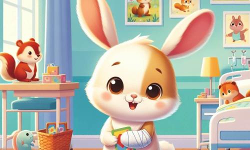 O personagem principal é um coelhinho chamado Léo, com pelagem branca, orelhas grandes e olhos curiosos. Ele está de pé em um quarto de hospital, sorrindo timidamente e segurando um cartão de jogo colorido. Ao seu lado, Bella, uma coelhinha com pelagem marrom claro, ri sentada na cama, com as orelhas em pé. Max, um esquilo com pelagem ruiva e um braço enfaixado, está no outro lado do quarto, sorrindo e mostrando seu cartão de jogo. A cena acontece em um quarto de hospital iluminado, com paredes azuis, desenhos de animais e brinquedos no chão. Léo, Bella e Max jogam cartas juntos, rindo e compartilhando histórias, criando um momento de alegria e amizade.