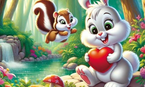 In an enchanted forest, a little rabbit named Benny, with fluffy white fur and large floppy ears, is happily hopping, a bright smile on his face. His eyes sparkle with excitement as he holds a red heart-shaped letter in his tiny paws. Next to him is Lily, an adorable squirrel with brown fur and a bushy tail, looking at the letter with wide eyes of surprise and joy. She is perched on a rock by a sparkling pond, surrounded by colorful flowers. A little further away, Charlie, a small ground squirrel with stripes on his back and round cheeks, approaches them with a big smile, his eyes filled with happiness. He seems eager and excited, ready to celebrate love and friendship. The setting is a vibrant forest, with majestic trees, bright flowers, and a blue sky dotted with fluffy clouds. The pond reflects the sun's rays, creating a magical and warm atmosphere. The main scene shows Benny handing the letter to Lily, while Charlie approaches, all three surrounded by the joyful ambiance of Valentine's Day, with floating hearts and flower garlands in the air, symbolizing love and friendship.