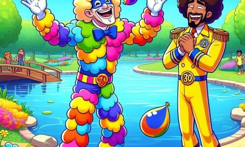O personagem principal, o Senhor Bizarro, é um homem com um traje colorido e excêntrico, composto por padrões de nuvens e gotas d'água. Ele tem um grande sorriso no rosto, demonstrando seu entusiasmo, e está estalando os dedos para fazer aparecer balões de cores vibrantes que flutuam ao seu redor. Ao seu lado, o Capitão Risada, um homem de cabelos cacheados e pele clara, veste um traje amarelo com um grande 
