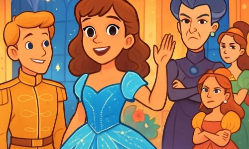 Cinderella, a young girl with curly brown hair, wears a stunning shimmering dress made of flower petals and glowing threads, her face radiating hope and determination. She stands at the center of a sparkling ballroom, surrounded by bright lights and floral decorations, raising her hand to address the crowd with a confident smile. Beside her, Prince Theo, a young man with blonde hair and sparkling eyes, dressed in an elegant golden-tinged suit, listens attentively, his expression admiring and respectful. In the background, Lady Tremaine, a middle-aged woman with her black hair pulled back in a strict bun, watches with a wary look, arms crossed, while her two daughters, Anastasia and Drizella, with disdainful expressions, stand behind her in extravagant dresses. The scene takes place in a majestic ballroom adorned with sparkling crystal chandeliers and large windows letting in moonlight, illuminating the polished marble floor. The main focus shows Cinderella speaking to the crowd, ready to defend her dream of uniting the town, while excitement and curiosity fill the air.