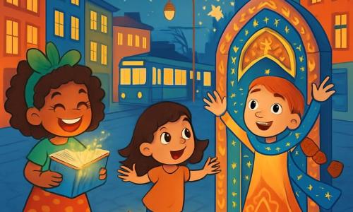 Er zijn 3 personages: - Lila: een 8-jarig meisje met krullend haar en een grote groene hoed op haar hoofd. Ze glimlacht vrolijk terwijl ze een boek vasthoudt dat oplicht. - Noor: een 7-jarig meisje met steil haar en schoenen die blauw en oranje glinsteren. Ze danst op haar tenen, met sprankelende ogen vol ondeugd. - Zoë: een 9-jarig meisje met een lange vlecht en een glinsterende sjaal met sterren. Ze heft haar armen op en stuurt magische sterren de lucht in. De drie meisjes staan in het midden van een drukke straat, omringd door kleurrijke gebouwen met glinsterende ramen. Tramwagens met knipperende lichten passeren op de achtergrond, terwijl lantaarns zachtjes dansen en de scène met een warme gloed verlichten. De hoofdscène toont de meisjes die een mysterieuze deur ontdekken, versierd met magische patronen, die net op de stoep is verschenen. Ze zijn verwonderd en klaar om de magische wereld te betreden die hen wacht.