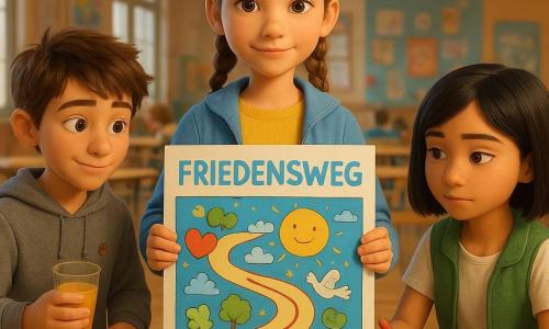 Mila, 12 Jahre, entschlossenes, sanftes Gesicht, hellbraune Haare zu zwei Zöpfen, haselnussbraune Augen, gelber Pullover und leichte blaue Jacke, steht mittig und hält ein großes, farbiges Plakat mit dem Titel Friedensweg und lächelt leicht; rechts von ihr sitzt Lilia, ca. 12, olivfarbene Haut, schwarzer Bob, schüchtern aber konzentriert, zeigt mit dem Finger auf eine Station des Posters und hält einen roten Filzstift, links Jonas, ca. 12, braune zerzauste Haare, schelmischer aber freundlicher Ausdruck, hält einen Saftbecher und klebt Aufkleber auf das Plakat, er trägt ein graues Sweatshirt; Hintergrund: helle Schulhalle mit Holztischen, bunten Stühlen, verschwommenen Ständen, Papiergirlanden und Plakaten, warmes Licht durch hohe Fenster; Szene: Markt der Schulfriedensarbeit, ruhiger positiver Moment, die Kinder präsentieren einen gezeichneten Weg zur Konfliktlösung; Bildstil: leuchtende Farben, Papier- und Filztexturen, gut lesbare Mienen, sanner, warmer 3D‑Look mit geringer Tiefenschärfe und natürlichem weichem Licht, beruhigende, gewaltfreie Atmosphäre.
