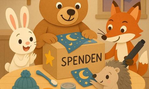 Ein großer hellbrauner Teddybär, Bär Bruno, mit sanftem Lächeln und glänzenden Augen hält behutsam eine große Pappschachtel mit gelbem Sternaufkleber und mondstoff auf einem niedrigen Holztisch. Links applaudiert die kleine weiße Häsin Hedi mit langen rosa Ohren, rechts-hinten steht der rote Fuchs Fino schlank und verschmitzt und hat gerade mit einem schwarzen Filzstift das Wort SPENDEN auf die Box geschrieben. Die runde graue Igelin Irma klebt nahe bei Bruno ein Stück Mondstoff auf den Deckel und hat die Pfote auf der Kiste. Die Szene zeigt eine gemütliche Küche bei Dämmerlicht mit Regalen und Gläsern, die Freunde dekorieren und füllen gemeinsam eine Spendenbox für den Ramadan; sichtbare Gegenstände: Wollmütze, blaue Zahnbürste, Konserven, Packung Nudeln und Marmeladenglas. Grafikstil: klare Schnitte, Papiertexturen, geklebte Kanten, pastellgesättigte Farben, sanfte Kontraste, Komposition zentriert auf Box und kreisende Figuren.