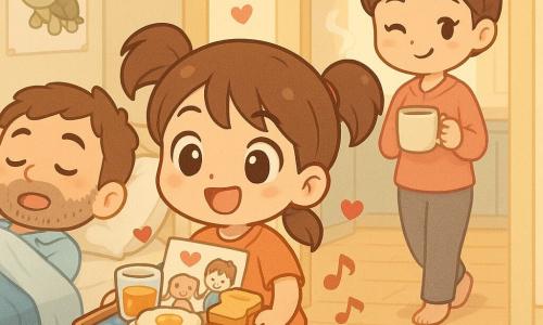 Niña de 10 años de rostro redondo, pelo castaño en dos coletas, ojos grandes y expresión determinada y alegre, avanza de puntillas llevando una bandeja de desayuno colorida con un dibujo hecho a mano; el padre, de unos 35–40 años, con pelo corto castaño y barba de varios días, aún en pijama, duerme plácidamente en la habitación cubierto con una manta azul, boca entreabierta y sonrisa soñolienta; la madre, de unos 30–35 años, con el pelo largo recogido en un moño, mira cómplice y sonriente desde la cocina detrás de la niña y guiña un ojo sosteniendo una taza de café humeante; la escena ocurre en un pasillo luminoso entre la cocina y la habitación, paredes amarillo pálido, suelo de madera clara y pequeñas láminas de animales pegadas; ambiente tierno y expectante con luz matinal suave y pequeños corazones y notas musicales flotando alrededor de la bandeja.