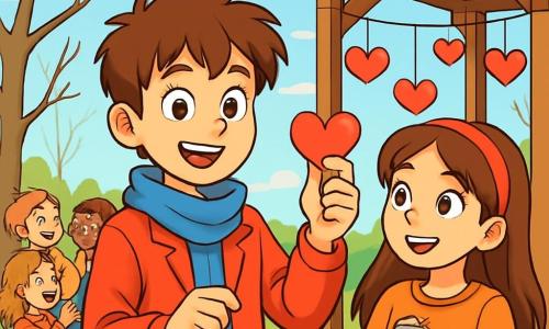Ein 12-jähriger Junge, Felix, mit zerzausten braunen Haaren und neugierigen, funkelnden Augen, steht im Mittelpunkt eines sonnigen Parks und lächelt strahlend. Er trägt eine leuchtend rote Jacke und einen blauen Schal und hält ein kleines Papierherz in der Hand, bereit, es aufzuhängen. Neben ihm steht Mira, ein 11-jähriges Mädchen mit langen braunen Haaren und einem hübschen roten Haarband, die Felix bewundernd ansieht und ein silbernes Medaillon in den Händen hält. Sie steht etwas im Hintergrund, mit leuchtenden Augen vor Aufregung. Die Szenerie zeigt einen grünen Park mit kahlen, zarten Bäumen, einem hellblauen Himmel mit fluffigen Wolken und einem Holzpavillon, an dem Papierherzen hängen, die sanft im Wind wehen. Die Szene zeigt Felix und Mira, umgeben von einer Gruppe fröhlicher Kinder, die die aufgehängten Herzen entdecken und süße Botschaften lesen, was eine warme und kameradschaftliche Atmosphäre zum Valentinstag schafft.