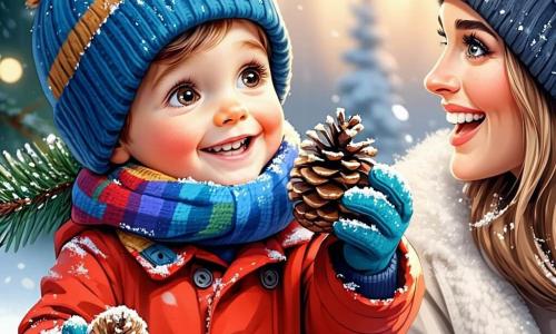 Un bambino di 4 anni, di nome Marco, è al centro dell'immagine. Ha grandi occhi brillanti di gioia, capelli castani disordinati e un sorriso splendente. Indossa un cappotto rosso vivo, un berretto di lana blu e guanti colorati, mentre tiene un pigna nelle sue piccole mani, meravigliato dalla sua scoperta. Accanto a lui c'è sua madre, una donna di circa trent'anni, con lunghi capelli castani legati in una coda di cavallo. Sorride teneramente a Marco mentre tiene un cestino pieno di pigne. Indossa un cappotto di lana beige e una sciarpa rosa, inclinata leggermente verso suo figlio. Lo sfondo è un giardino invernale, coperto da uno spesso strato di neve scintillante sotto un cielo azzurro chiaro. Grandi alberi con rami carichi di neve circondano il giardino, creando un'atmosfera magica e tranquilla. La scena rappresenta Marco e sua madre mentre cercano tesori sotto la neve, con fiocchi di neve che cadono dolcemente intorno a loro, aggiungendo un tocco fiabesco a questo momento di complicità e gioia condivisa.