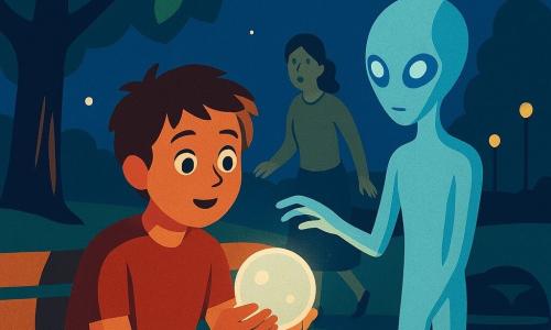 Un ragazzo di 12 anni dal volto rotondo e capelli castani spettinati, occhi grandi e curiosi, seduto su una vecchia panchina di legno sotto un grande tiglio, tiene delicatamente una piccola sfera luminosa traslucida; un extraterrestre chiamato Nìa, piccolo e slanciato, pelle perla con riflessi blu, occhi grandi e lucenti, quattro dita, è accanto a lui e tende una mano luminosa verso la sfera con volto calmo e benevolo; sullo sfondo una donna (la madre), figura sfocata vicino al sentiero del parco, capelli raccolti, abbigliamento semplice, visibilmente sorpresa e preoccupata; parco notturno con foglie del tiglio in sovrapposizioni di verde, cielo blu scuro stellato, lampioni gialli lontani e prato stilizzato; una navetta nera compatta dalla superficie riflettente è parcheggiata vicino alla panchina emettendo una tenue luce verde; scena calma e magica: riparazione del 