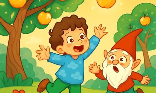 Un ragazzino di 6 anni, di nome Tobia, con capelli ricci e occhi brillanti di curiosità, salta gioiosamente sotto un albero dalle foglie scintillanti. Indossa una tunica blu con motivi di nuvole e pantaloni verdi, e il suo viso esprime grande eccitazione mescolata a un po' di preoccupazione. Accanto a lui, un gnomo di nome Pasticcio, di circa 50 anni, con una lunga barba bianca e un cappello rosso a punta, cerca di afferrare una mela magica che rimbalza sul terreno. Il contesto è un frutteto incantato, pieno di alberi dai tronchi contorti e fiori colorati, dove le mele brillano come stelle. La scena principale mostra Tobia, con le braccia tese, che cerca di prendere una mela che vola via, mentre Pasticcio, con gli occhi sbarrati, cerca di aiutarlo correndo dietro di essa.