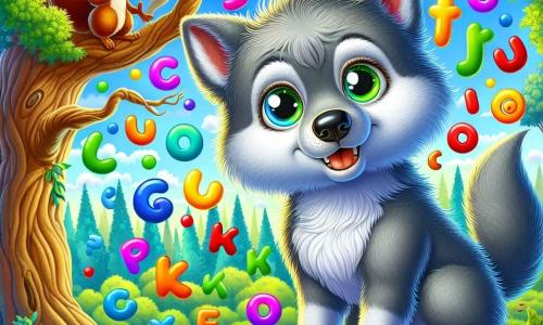 Ein kleiner Wolf mit leuchtenden, neugierigen Augen und einem weichen, grauen Fell steht im Mittelpunkt der Szene und zeigt einen Ausdruck von Entschlossenheit und Freude. Er schaut mit Staunen auf eine Gruppe bunter Buchstaben, die um ihn herumtanzen und Spiralen und Kreise in der Luft bilden. Links von ihm sitzt ein kleines Eichhörnchen mit braunem Fell und großen Ohren, namens Fina, die ermutigend lächelt, ihre Augen funkeln vor Schalk. Sie sitzt auf einem Ast und ist bereit zu helfen. Im Hintergrund schaffen eine majestätische alte Eiche mit leuchtend grünen Blättern und ein hellblauer Himmel mit flauschigen Wolken eine warme und einladende Atmosphäre. Die Szene zeigt Luno, der seine eigene Geschichte erzählt, umgeben von bunten Buchstaben, die um ihn wirbeln und seine Kreativität und Vorstellungskraft symbolisieren, während die anderen Tiere im Park ihm bewundernd und neugierig zuhören.
