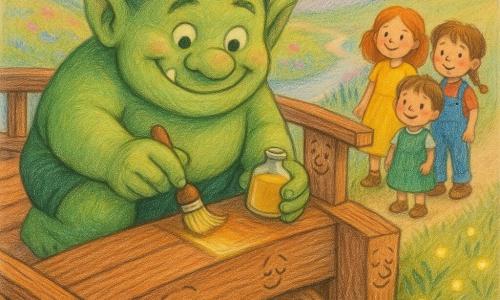 Tytus, sympatyczny pulchny troll o miękkiej zielonej skórze, dużych okrągłych oczach i szerokim figlarnym uśmiechu, z radością nakłada buteleczką świecący olej na deski starego drewnianego mostu — most, antropomorficzny, ma szerokie brązowo-rudawe deski i nieśmiało uśmiechnięte wyrazy twarzy wzdłuż balustrad; uspokaja się i przestaje skrzypieć. Trójka ciekawskich dzieci — ruda dziewczynka w żółtej sukience, brunet w niebieskich ogrodniczkach i mała dziewczynka w zielonej sukience z warkoczami — stoją po prawej na drodze i patrzą z zachwytem. W tle kręci się przejrzysta rzeka między łagodnymi wzgórzami porośniętymi różowo-niebieskimi kwiatami, pod pastelowym zachodem słońca; świetliki migoczą nad trawą, a przy ścieżce rosną kolorowe grzybki. Scena jest zabawna i czuła, narysowana kredkami o miękkich kreskach, ciepłych kolorach i widocznej fakturze papieru, czytelna dla sześciolatka.