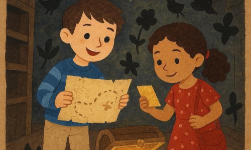Dois crianças: um menino de ~9 anos, cabelos castanhos curtos e olhos brilhantes, veste suéter listrado azul e calça bege, segura um último pedaço de um mapa antigo e sorri maravilhado olhando às estrelas pintadas no teto; uma menina de ~8 anos, cabelos castanhos encaracolados presos em rabo, veste um vestido vermelho de bolinhas e tem uma pequena bengala vermelha no saco, está de mãos dadas com ele, inclinada sobre um baú velho aberto no chão lendo um bilhete dourado; cenário: uma pequena sala secreta atrás de uma estante, paredes de madeira escura, teto com estrelas fosforescentes, assoalho de tábuas rachadas e uma estante tombada; ação: o último pedaço do mapa foi encaixado sobre o baú que brilha suavemente, sombras recortadas dançam em formas de animais e flores ao redor, criando uma atmosfera de mistério e calor com cores contrastantes (azul noite, dourado pálido, vermelho vivo) e texturas de papel rasgado, tecido e brilhos fosforescentes.