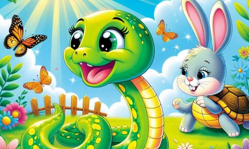 Un piccolo serpente di nome Sissi, con una pelle brillante e verde punteggiata di macchie gialle, si fa strada allegramente attraverso una radura soleggiata, mostrando un grande sorriso di eccitazione e determinazione. Vicino a lei, una tartaruga di nome Tilly, con un dolce viso e un grosso guscio marrone, la osserva con benevolenza, pronta a incoraggiare la sua amica. Un coniglietto di nome Bibi, con orecchie lunghe e bianche, salta allegramente nell'erba verde, aggiungendo un tocco di dinamismo alla scena. La radura è piena di fiori colorati, farfalle svolazzanti e raggi di sole che filtrano tra le foglie degli alberi, creando un'atmosfera magica e accogliente. Sissi, piena di coraggio, si prepara a liberare una bella farfalla intrappolata in una ragnatela dorata, illustrando così l'importanza della gentilezza e del coraggio.