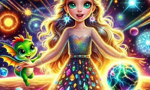 Una giovane donna di nome Stella, con lunghi capelli dorati brillanti come raggi di sole, si trova al centro dell'immagine. Ha occhi verdi scintillanti di eccitazione e un sorriso determinato. Stella indossa un abito scintillante di cristalli multicolori che riflettono la luce delle stelle. Accanto a lei c'è un piccolo drago verde di nome Fizz, con scaglie brillanti e occhi maliziosi, che fluttua nell'aria sprizzando piccole scintille di gioia. Il loro ambiente è un paesaggio cosmico mozzafiato, pieno di pianeti colorati, nebulose scintillanti e stelle brillanti. In lontananza, una grande fonte di luce, la Fonte delle Stelle, emette onde di magia visibile. La scena principale mostra Stella mentre dirige un potente incantesimo, con le braccia alzate verso il cielo, mentre il Catalizzatore di Luce brilla intensamente ai suoi piedi, circondata da lampi di luce e scintille che simboleggiano la magia in azione.