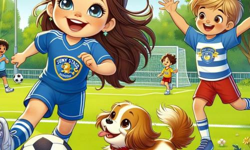 A 6-year-old girl, Mia, with long brown hair and sparkling eyes, wears a blue jersey with her team's logo, the Sunny Stars. She smiles widely, full of enthusiasm, as she prepares to kick the soccer ball. Next to her, her loyal dog Sparky, a small golden-haired dog with big ears, jumps with joy, his tail wagging excitedly. A 6-year-old boy, Leo, with messy blonde hair and red shorts, runs towards Mia, ready to receive the ball. A girl, Emma, with brown pigtails and an encouraging smile, stands a bit further away, raising her arms to cheer for her team. The scene takes place in a sunny park, with large green trees, colorful flowers, and a well-maintained soccer field, where families and friends gather to watch the tournament. Mia is determined and enthusiastic as she prepares to kick the ball during the soccer match, surrounded by her friends who cheer her on, creating an atmosphere of camaraderie and joy.