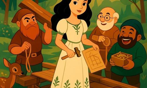 Snow White (young woman) stands center with a bright determined face, glossy black hair, simple ivory dress with green embroidery, holding a small wooden hammer and blueprint on the repaired bridge; Grumpy (short man ~55) with a thick red beard lifts a heavy plank to her right, softened eyes beneath furrowed brows; Doc (short man ~50) wears round glasses and a tool belt, holding a rope and pointing at a diagram to the left near the bridge knots; Happy (short man ~45) laughs, holding a box of golden nails slightly behind, ready to help; a muscular beaver gnaws a beam in the foreground and a timid fawn watches from grass on the left; an old wooden bridge spans a mirror-like stream reflecting trees, leaning willows and wildflowers in a golden late-afternoon light; a communal bridge repair scene with boards, taut ropes and shining tools, warm atmosphere, rich colors (deep greens, soft golds, warm browns) and stylized Art Deco geometry and lines.