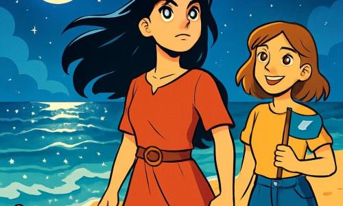 A woman named Elara, about 25 years old, stands on a sandy beach with her long black hair blowing in the wind. She has bright star-like eyes and a determined face, displaying an expression of courage and wonder as she gazes at the horizon where the sea sparkles under the moonlight. Beside her, Liora, a 22-year-old girl with brown hair and sparkling eyes, encourages her with a warm smile. She holds a small handmade flag symbolizing hope and stands slightly back, admiring her friend's bravery. The setting is a magical beach, where the night sky reflects in the waves, creating a spectacle of dancing lights. Shooting stars traverse the sky, adding a touch of mystery to the scene. The main focus shows Elara ready to embark on her small wooden boat, determined to sail into the unknown to restore harmony to the world. The waves whisper secrets, and the air is charged with a palpable energy, ready to reveal fantastic adventures.