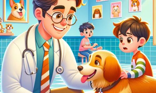 A smiling and warm male veterinarian, Dr. Ben, with slightly tousled brown hair and round glasses, is crouched next to a large Golden Retriever named Max. Wearing a white coat, he appears focused and caring, gently examining Max's belly with a soft hand. Next to him, a nine-year-old boy, Timmy, with brown hair and sparkling eyes, watches in fascination, holding a plastic stethoscope. The setting is a bright and welcoming veterinary clinic with pastel blue walls, cheerful animal posters, and scattered pet toys on the floor. A large window lets in sunlight, illuminating the room. The main scene shows Dr. Ben caring for Max, who looks happy and relaxed, while Timmy eagerly learns, ready to become a future veterinarian.