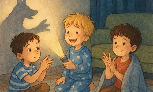 Drie jongens (ongeveer 7–8 jaar): links een kastanjebruin kortharig jongetje in een gestreept blauw T‑shirt en comfortabele broek, zittend op het tapijt en met zijn handen een honden­schaduw makend naar de muur; in het midden een blond, warrig kapsel jongetje in sterrenspyjama dat een kleine zaklamp vasthoudt en lacht terwijl hij een warm licht op de muur richt; rechts een krullend bruinharig jongetje in een rood T‑shirt, een beetje verlegen maar glimlachend onder een deken en met zijn handen een konijn imiterend, dichtbij de anderen. Gezellige avond in een woonkamer met dik crème tapijt, olijfgroene bank, donkerblauwe fluwelen gordijnen, sterrenlamp die phosphorescerende stippen op het plafond projecteert, stapeltjes kleurrijke kussens en een salontafel met een licht omgevallen bak popcorn; de kinderen maken heldere, speelse dierensilhouetten op de muur, warme en geruststellende sfeer ondanks de duisternis, zachte lichtspelingen en uitdrukkingen van verwondering en kameraadschap.