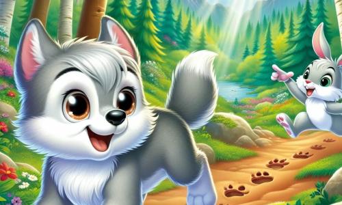 Willy, a small wolf with soft gray fur and large sparkling eyes filled with curiosity, stands in the center of the image with a joyful smile on his face as he follows mysterious footprints in the forest. Next to him, Benny, a small rabbit with big ears and white fur, hops enthusiastically, his eyes shining with excitement as he points to the footprints on the ground. In the background, an enchanting landscape of lush green forest unfolds, with majestic trees, colorful flowers, and a gentle ray of sunlight filtering through the leaves. The scene captures the moment when Willy and Benny embark on an exciting adventure to uncover the mystery of the footprints, surrounded by a joyful and spring-like atmosphere.