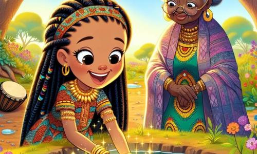Amina, una giovane di circa 12 anni, ha lunghi capelli neri intrecciati e indossa un vestito colorato decorato con motivi africani vivaci. Sorride meravigliata mentre scopre un braccialetto d'oro scintillante sul fondo di un laghetto, con l'acqua che brilla intorno a lei. Vicino a lei, una donna anziana di circa 60 anni, con capelli grigi e un viso segnato dal tempo, osserva Amina con benevolenza. Indossa un vestito tradizionale e tiene un tamburo, pronta a celebrare la cultura. Il luogo è un magnifico laghetto circondato da fiori colorati e alberi maestosi, con i raggi di sole che filtrano tra le foglie, creando un'atmosfera magica. La scena principale mostra Amina, meravigliata, mentre si tuffa nell'acqua chiara per recuperare il braccialetto d'oro, mentre un piccolo spirito luminoso inizia a apparire intorno a lei, illuminando la scena con una dolce luce.