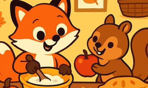 A small fox with shiny red fur and sparkling eyes is mixing pie dough in a cozy kitchen. He has a big smile on his face, showing his excitement for autumn cooking. Next to him, a brown-furred squirrel with bright eyes holds a shiny red apple, ready to add it to the mix. The kitchen is filled with autumn decorations: colorful leaves, orange pumpkins, and baskets overflowing with fruit. On the table, a delicious apple cake is baking, emitting a tempting aroma. The two friends are surrounded by a joyful and warm atmosphere, illustrating the pleasure of cooking together in autumn.