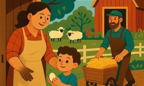 Una mujer agricultora sonriente y amable, rostro redondo, cabello castaño recogido en coleta, manos manchadas de tierra, con camisa de cuadros roja y delantal beige, abre suavemente la puerta de un gran gallinero de madera; a su izquierda, un niño de unos 4 años, pelo rizado, ojos abiertos y camiseta azul claro sostiene delicadamente un huevo; al fondo a la derecha, un hombre de unos 40 años, barbado y con gorra verde, empuja un pequeño carro con pacas de paja; ovejas blancas agrupadas a la sombra de un manzano, una vaca moteada marrón mira desde el establo abierto y gallinas rojizas picotean en primer plano. Escenario: granja soleada con suelo de tierra y césped, vallas de madera pintada, cobertizo rojo y campos y huerto con hojas verdes visibles. Situación: la mujer cuida de los animales con un gesto calmado y protector, luz suave de mañana, colores cálidos y contrastados, composición clara y legible para un niño. Estilo: formas simplificadas, contornos netos, motivos geométricos decorativos estilo art déco, paleta cálida (ocre, rojo, verde, azul) y texturas visibles de madera y paja.