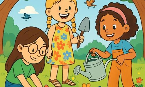 Er zijn 3 personages: - Eva: een 10-jarig meisje met lang bruin haar en ronde bril. Ze draagt een groen t-shirt en een spijkerbroek. Ze is gehurkt en plant een kleine bloem in de grond. - Noor: een 10-jarig meisje met blonde vlechten en een stralende glimlach. Ze draagt een kleurrijke bloemenjurk en sandalen. Ze staat rechtop met een schep in de hand, klaar om haar vriendinnen te helpen. - Sofia: een 10-jarig meisje met krullend kastanjebruin haar en een roze haarband. Ze draagt een blauwe t-shirt en tuinbroek. Ze is aan het water geven van de bloemen met een gieter, glimlachend en geconcentreerd. De locatie is een zonnig park vol met kleurrijke bloemen die dansen in de wind. Majestueuze bomen omringen de ruimte en een heldere blauwe lucht is bezaaid met donzige witte wolken. Op de achtergrond zijn kinderen die spelen en vogels die zingen in de takken. De hoofdscène toont de drie vriendinnen die samen een prachtige bloemen tuin aanleggen om bijen aan te trekken. Ze werken samen, lachen en moedigen elkaar aan terwijl ze levendige bloemen in de vruchtbare aarde planten.
