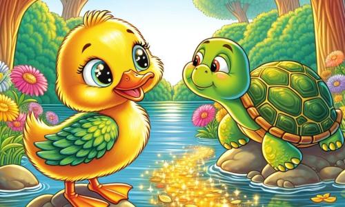 A little duck named Dilly, with bright yellow feathers and sparkling curious eyes, stands at the edge of a pond, marveling at a shimmering path made of golden leaves. He wears a joyful and determined expression, ready to explore the world around him. Nearby, a wise old turtle, with a green shell and wrinkles that tell ancient stories, smiles gently while watching Dilly, sitting on a rock by the water. The scene is set in a beautiful pond surrounded by tall trees with lush green leaves, and colorful flowers dancing in the light breeze. The sun shines, creating golden reflections on the water's surface. The main situation shows Dilly, the duck, ready to venture onto the shimmering path, while the turtle encourages him with a kind gaze, creating an atmosphere of friendship and adventure.