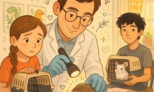 Un veterinario de unos 35 años, rostro amable y sonriente, cabello corto castaño, con bata blanca, examina con concentración y ternura a un pequeño erizo sobre una toalla rosa pálido con una pequeña lámpara; Clara, de unos 10 años y con trenza, sostiene suavemente la transportadora a la izquierda mirando al erizo; Álvaro, de unos 15 años, sentado en segundo plano a la derecha, sostiene una caja con una chinchilla blanca llamada Nube y observa respetuoso; la consulta es cálida y luminosa, paredes color crema con pósters de animales exóticos, estanterías de madera, una báscula digital en la mesa, lámpara colgante y una ventana con cortina a rayas que deja entrar luz dorada; atmósfera calma y reconfortante; se aprecian gotas microscópicas de humedad en el hocico del erizo, una pequeña manta térmica con motivos de estrellas y ligeros doodles superpuestos (corazones, cruces, flechas explicativas).