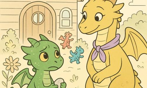 A small dragon named Ember, with shimmering green scales and curious eyes, stands in front of the school door, a gentle expression of nervousness on his face. Next to him, a kind teacher dragoness with soft eyes and a lavender ribbon around her neck smiles warmly. Behind them, other small dragons play joyfully, their colorful scales shining under the morning sun. The school is a welcoming building with wooden walls and cloud-shaped windows, surrounded by brightly colored flowers. The scene shows Ember holding a small smooth pebble in his paw, a symbol of his courage, while the morning light softly illuminates the scene.
