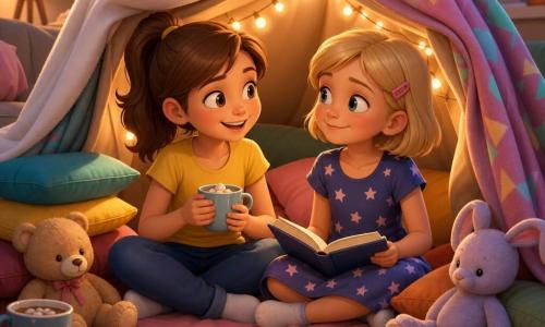 Two 8-year-old girls sit in a cozy blanket fort in a living room at dusk: on the left a brown-haired girl in a yellow T‑shirt and jeans holds a mug of hot chocolate, smiling with bright curious eyes; on the right a short-blonde girl with a pink barrette in a starry dress looks toward her companion with a relaxed, dreamy expression and an open book on her lap. The light parquet floor, stacked colorful cushions, a small wooden table with a cup, scattered plush toys, and a string of warm fairy lights inside the white-patterned blankets create a soft, pastel-hued, peaceful atmosphere focused on their smiling faces and the shared quiet moment.