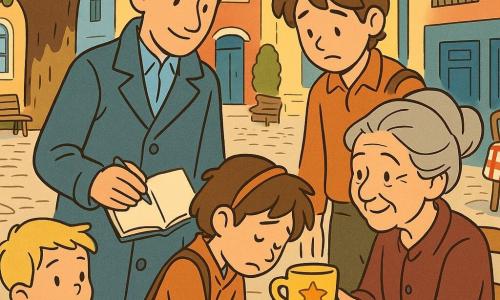 Matteo, detective calmo e benevolo, occhi attenti, cappotto lungo blu, lente in tasca, sorride tenendo un piccolo taccuino aperto e guarda la tazza gialla con una macchia a forma di stella; Nonna Rosa, circa 75 anni, viso rugoso e sorriso tenero, capelli grigi raccolti in uno chignon, seduta vicino a un tavolo da caffè mentre tende le mani per prendere la tazza; Luca, ragazzino di circa 8 anni, capelli castani con una piccola fascia e borsa marrone sulla spalla, porge timidemente la tazza, imbarazzato ma sollevato, in piedi di fronte a Nonna Rosa; Samuele, bimbo di circa 6 anni, biondo, tiene un piccolo disegno della tazza, vicino a Matteo, osserva la scena dalla destra; piazza del mercato con selciato grigio, case colorate (giallo, rosso, azzurro) con balconi fioriti, un grande platano che fa ombra circolare, terrazza di caffè con tovaglie a quadri e panchina di legno; situazione principale: restituzione della tazza gialla rubata o persa — primo piano sulla tazza con la macchia a stella, gesti di restituzione, volti rasserenati, luce calda di fine pomeriggio per un'atmosfera dolce e rassicurante.