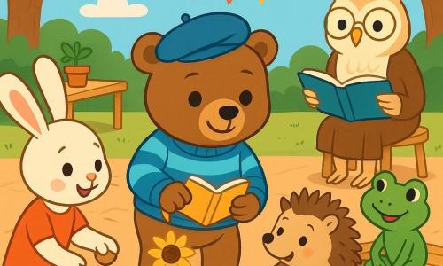 Un piccolo orso bruno antropomorfo (Orso Matteo) dal pelo morbido, con basco blu e maglione a righe, sorriso caloroso, tiene un taccuino aperto in una zampa e un annaffiatoio giallo nell'altra, accovacciato vicino a un vaso con un giovane girasole; la maestra Civetta, gufo dalle piume crema con occhiali tondi dorati e sguardo benevolo, è su uno sgabello dietro la classe con un grande libro aperto; la lepre bianca vivace Lilla, occhi brillanti, si china verso il vaso per mettere una cucchiaiata di terra a sinistra dell'orso; il riccio rotondo e sorridente Rocco, con punte marroni e ventre beige un po' sporco di terra, offre una paletta di legno a destra dell'orso; la rana verde Nina, sottile e maliziosa, è sul bordo di una panca canticchiando e tenendo una foglia come bacchetta; ambientazione: cortile scolastico all'aperto sotto grandi alberi, tavoli di legno con vasi, etichette colorate, festoni, pavimento di piastrelle calde e cielo azzurro con nuvole stilizzate; situazione: i bambini-animali in cerchio attorno al vaso del girasole nascente compiono un rituale dolce — un soffio comune, una frase sussurrata e un gesto d'annaffiatura — atmosfera cooperativa, luminosa, colori vivaci, tratti netti e forme semplici.