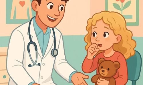 Un giovane uomo, Marco, con un volto sorridente e occhi scintillanti, indossa un camice bianco immacolato e uno stetoscopio al collo. Porge una mano amichevole verso una bambina. Chiara, una ragazza di 7 anni con capelli biondi ricci, è seduta su una sedia accanto a Marco, tossendo leggermente ma sorridendo timidamente, stringendo un peluche. L'ambiente è uno studio medico luminoso e accogliente, con pareti dipinte in colori pastello e poster educativi colorati. La scena principale mostra Marco, sicuro e benevolo, mentre rassicura Chiara, creando un momento di connessione e conforto.
