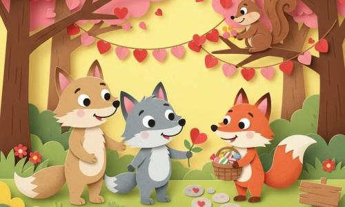 El personaje principal es un pequeño lobo gris de pelaje suave en papel texturado, ojos redondos brillantes y sonrisa tímida, alegre y atento, que ofrece una flor roja con una pata a un amigo; su mamá, una loba beige de mirada cálida, está detrás a la izquierda sonriendo y ofreciendo un abrazo; la zorra Vera, una zorra rizada rojiza con manchas blancas, traviesa y encantada, sostiene una cesta de dulces a la derecha; la ardilla Fina, pequeña y marrón, vivaz y sonriente, reparte guirnaldas de papel desde una rama baja al fondo; el decorado es un bosquecillo luminoso con árboles cuyas hojas en forma de corazón son rojas y rosas, guirnaldas de papel colgantes, carteles de madera pintados y caminos empedrados decorados con corazones; la escena principal es de San Valentín, con el lobo ofreciendo la flor y diciendo gracias, amigos alrededor, ambiente cálido, colores vivos (rojo, rosa, amarillo), texturas de papel superpuestas y una iluminación suave con sombras delicadas.