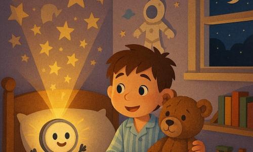 Anthropomorphe Spielzeugtaschenlampe namens Lumi mit rundem, lächelndem Gesicht auf metallischem Körper und winzigen Armen, die einen warmgoldenen Schein ausstrahlt und nahe dem Bett ausgeschnittene Sterne an die Decke projiziert; Tim, etwa 6–7 Jahre, strubbeliges braunes Haar, hellblau gestreifter Schlafanzug, beruhigt und erstaunt, halb im Bett sitzend und die Sterne betrachtend, eine Hand hält ein braunes Teddybär-Schmusetuch mit zerrissener Papierfell-Textur und angenähten Augen an der Schulter; gemütliches Kinderzimmer mit pastell-lavendelfarbenen Wänden, Astronauten- und Mondstickern, einer niedrigen Regal mit bunten Büchern und einer Holzbahn, offenes Fenster mit schmaler Mondsichel und sternenklarem Himmel; Szene: Lumi malt Sterne und spielerische Schattenfiguren an Decke und Wände, verwandelt die Nacht in eine warme Vorstellung und vertreibt die Angst vor der Dunkelheit; grafischer Stil: klare Schnittformen, sichtbare Papiertexturen, sanfte Farben mit warm-kühlen Kontrasten, fokussiertes Licht und verspielte Schatten.