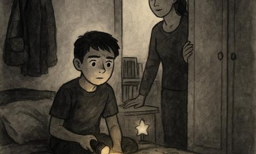 Un niño de 12 años sentado en la cama, rostro algo inquieto pero decidido, ojos grandes y cejas fruncidas, pelo castaño corto, sostiene una pequeña linterna encendida que proyecta un círculo de luz cálida en sus piernas; una mujer adulta (su madre, unos 35–40 años) de pie en el marco de la puerta con coleta, expresión dulce y reconfortante, una mano en el marco y la otra cerca de una pequeña lámpara en forma de estrella en la mesita; al fondo una estantería baja con cómics coloridos y un pequeño trofeo brillante, a la izquierda un perchero con chaqueta y bolso que proyecta una larga sombra y a la derecha un armario cerrado con pegatinas desgastadas; la habitación en tonos negros y grises lavados con una tenue luz azul de una luz de noche y el círculo amarillo cálido de la linterna, suelo de tablas de madera, colcha de patrón sencillo y almohada algo arrugada; escena nocturna tranquila: el niño explora la habitación con la linterna mientras la madre lo apoya desde el umbral, fuertes contrastes entre sombras profundas y manchas de luz, atmósfera íntima y segura.