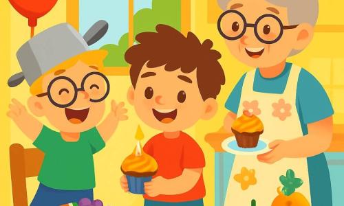 There are 3 characters: Max, a 6-year-old boy with messy brown hair and sparkling eyes, wearing a red t-shirt and blue shorts, stands in the center smiling and holding a cupcake with a candle. Ben, also 6, has blonde hair and round glasses, wearing a chef's hat and a green t-shirt, is to the left of Max, jumping with joy and raising his arms. Grandmother, an elderly woman with gray hair in a bun and glasses, wearing a floral apron, stands to the right of Max, holding a small plate with a cupcake. The setting is a bright kitchen with pastel yellow walls, a large window letting in sunlight, illuminating a wooden table filled with colorful fruits and birthday decorations. Apple-shaped balloons are tied to the chairs. The main scene shows Max, Ben, and their grandmother celebrating Max's birthday, surrounded by laughter and joy, with the cupcake at the center of the table, ready to be enjoyed.