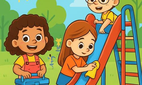 A 6-year-old girl, Mia, with curly hair and sparkling eyes, joyfully smiles while holding a blue toolbox. She wears pink overalls and yellow boots, showing her determination and enthusiasm. Next to her, her best friend Emily, also 6, with long smooth hair, is cleaning the slide with a cloth, looking focused. Further away, Max, a 7-year-old boy with glasses and brown hair, is climbing a ladder to check the top of the slide, appearing curious and excited. The scene takes place in a sunny park with a colorful slide, green trees in the background, and children playing happily around. Sunlight illuminates the group, creating a warm and friendly atmosphere. Mia and her friends are working together to fix the broken slide, demonstrating teamwork and joy in collaborating, each using their talents to make the park safer and more fun.