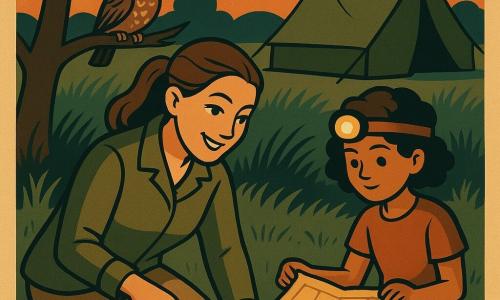 Een glimlachende, geconcentreerde vrouwelijke archeologe met kastanjebruin haar in een paardenstaart, kaki jas en beige aardegevlekte broek, knielend bij een kaki canvas tent met een klein borsteltje, enthousiast maar rustig van uitdrukking; naast haar een ongeveer 14-jarig meisje met opgelichte hoofdlamp en kort krullend haar, zittend op een klein krukje bij een rugzak en een oude uitgerolde kaart op haar knieën; een uil op een eiken tak rechts kijkt toe; locatie een grasveld bij schemer met wuivend hoog gras, een grote eik links, halfzichtbare oude funderingen en een eenvoudige tent op de achtergrond; de archeologe bereidt de opgraving voor, meet en borstelt zacht de aarde terwijl het meisje de lamp en kaart houdt; zachte oranje zonsondergangverlichting, warme nieuwsgierige sfeer, vlakke kleuren en gestileerde art-decovormen.