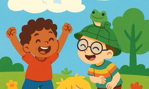 Há 3 personagens: - Nino: um menino de 6 anos com cabelo cacheado e um grande sorriso, vestindo uma camiseta vermelha e um short azul. Ele está de pé, com os braços levantados, cheio de energia, na frente de seus amigos. - Zico: um menino de 7 anos com um chapéu de tartaruga e óculos redondos, usando uma camisa listrada colorida. Ele está ligeiramente inclinado para frente, rindo, com uma mão na barriga. - Tico: um menino de 5 anos, pequeno e fofo, com cabelo loiro bagunçado, vestindo um pijama de estrelas. Ele está deitado na grama, com os olhos fechados, tirando um cochilo. O cenário é um parque ensolarado, com um vasto gramado verde salpicado de flores coloridas. Acima deles, um céu azul claro decorado com nuvens brancas em forma de castelo flutua suavemente. A situação principal mostra os três amigos brincando juntos, Nino e Zico fingindo pular como rãs, enquanto Tico dorme pacificamente, com um sorriso no rosto. Uma pequena rã verde, sentada no chapéu de Zico, os observa com olhos curiosos, adicionando um toque de magia e humor à cena.