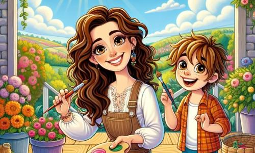 O artistă, Maria, în jur de treizeci de ani, cu părul ondulat brunet și ochi strălucitori de creativitate, stă pe o terasă din lemn, înconjurată de borcane cu vopsele colorate. Zâmbește entuziastă, ținând o paletă într-o mână și un penson în cealaltă, pregătită să capteze frumusețea lumii pe pânza sa. Lângă ea, un băiat de zece ani, Andrei, cu părul castaniu în dezordine și ochi strălucitori de curiozitate, observă cu atenție ce face Maria. Ține un penson în mână, pregătit să picteze, înclinându-se ușor spre pânză, plin de entuziasm și admirație. Decorul este o terasă însorită, împodobită cu flori colorate și plante cățărătoare, cu o vedere asupra unei grădini verzi unde razele soarelui dansează pe frunze. În fundal, un cer albastru deschis este presărat cu nori albi pufoși. Situația principală a poveștii arată cum Maria și Andrei sunt în plină sesiune de pictură, schimbând idei și râsete, în timp ce creează împreună un tablou vibrant de culori, simbolizând prietenia și pasiunea lor pentru artă.