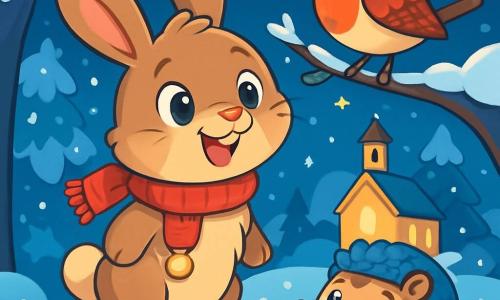 A little rabbit with long, soft ears named Pip stands on a small mound of snow, his eyes sparkling with excitement and a wide smile on his face. His fur is a soft brown, and he wears a red knitted scarf with a little jingling bell. Next to him, a small robin with bright feathers perches on a snowy tree branch, looking curious and joyful, ready to sing. A hedgehog in a woolen hat, with twinkling eyes, stands a bit lower, holding a lantern that casts a warm glow in the darkness. The scene is an enchanting winter landscape, with snow-covered trees, a starry sky, and a distant church illuminated by lanterns, creating a magical Christmas atmosphere. Pip and his friends gather to listen to the sweet sound of a bell ringing in the crisp air, filled with anticipation and joy, surrounded by gently falling snowflakes.