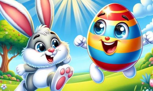 In the center of the image, a colorful egg named Egbert, with red, blue, and yellow stripes, jumps for joy, its eyes sparkling with excitement and a big smile on its face. Next to it, the cheerful Easter Bunny, with its white fur and large floppy ears, looks at Egbert with a worried expression, its round eyes conveying the urgency of the situation. In the background, a lush green field dotted with vibrant flowers and a majestic oak tree, under a clear blue sky with fluffy white clouds. The scene depicts Egbert and the Easter Bunny searching together for the precious golden egg, surrounded by spring beauty, with sunlight illuminating their joyful quest.