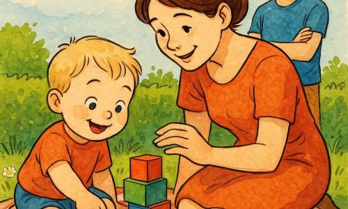Băiat de 2 ani, față rotundă, pomeți fragezi, păr blond deschis și pufoș, zâmbet uimit, ochi mari și strălucitori, așezat pe o pătură în carouri roșii și albe, atingând delicat o furnică cu vârful degetului și având lângă el cuburi de lemn colorate. Mamă ~30 ani, ten deschis, păr șaten prins lejer, privire blândă, în genunchi lângă băiat cu mâna pregătită să-l protejeze, privind cu afecțiune. Tată ~35 ani, barbă scurtă, tricou albastru, în picioare la câțiva pași, brațe încrucișate sau gata să-l ia în brațe, zâmbet cald. Loc: grădină de vară însorită, iarbă verde cu margarete, tufă joasă și cer albastru pal cu un nor pufos; lumină caldă de după-amiază și umbre moi. Moment: descoperire tandră — copil fascinat de o furnică, cuburi colorate, texturi vizibile (lemn, țesătură, fire de iarbă).
